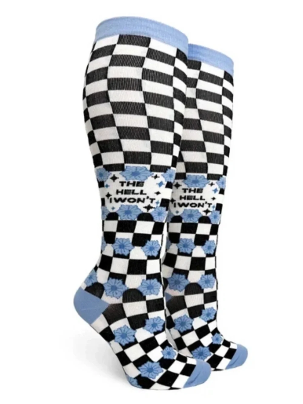 Women’s Black, White & Light Blue Checkered compression Crew Socks